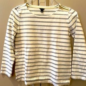 Ann Taylor Long Sleeved Striped Top with Zipper on Shoulder. Small White/Gray